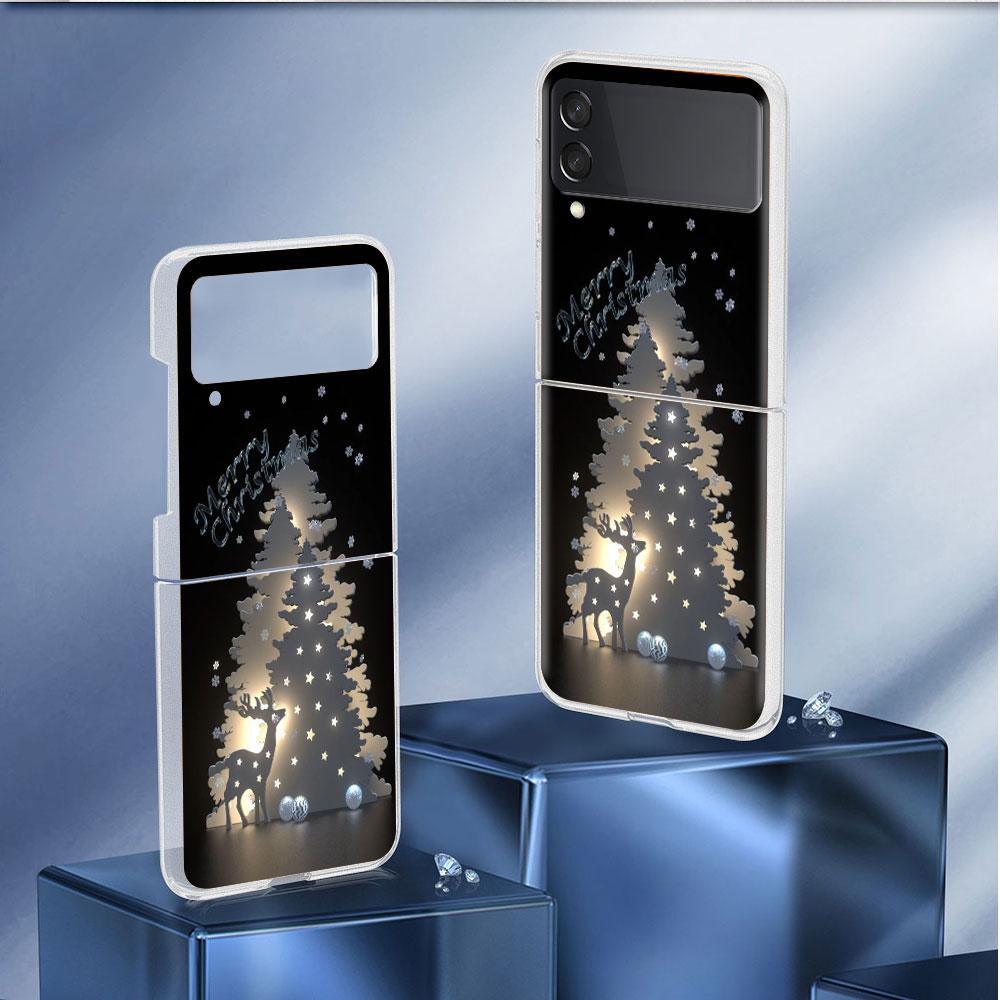Merry Christmas Tree Deer Case For Samsung Galaxy Z Flip 4 5G Transparent Hard Cell Phone Cover ZFlip Clear PC Luxury Coque