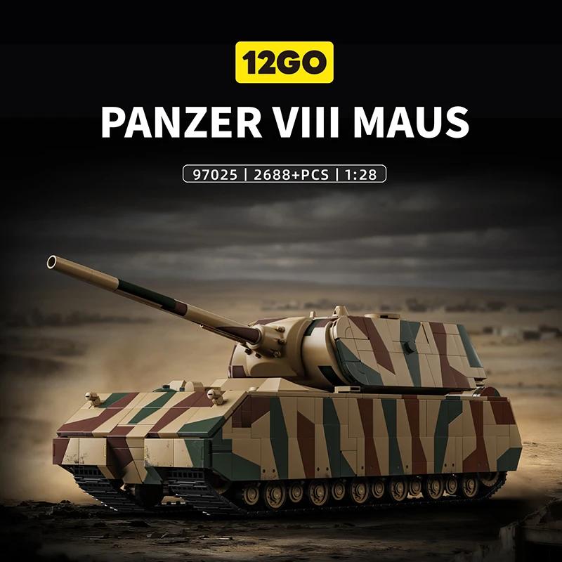 1:28 12GO WW2 Military Tanks Building Block Toys Set E-100 HEAVY TANK TIGER PANZER VIII MAUS Model Bricks DIY  Toy for Boys Gift