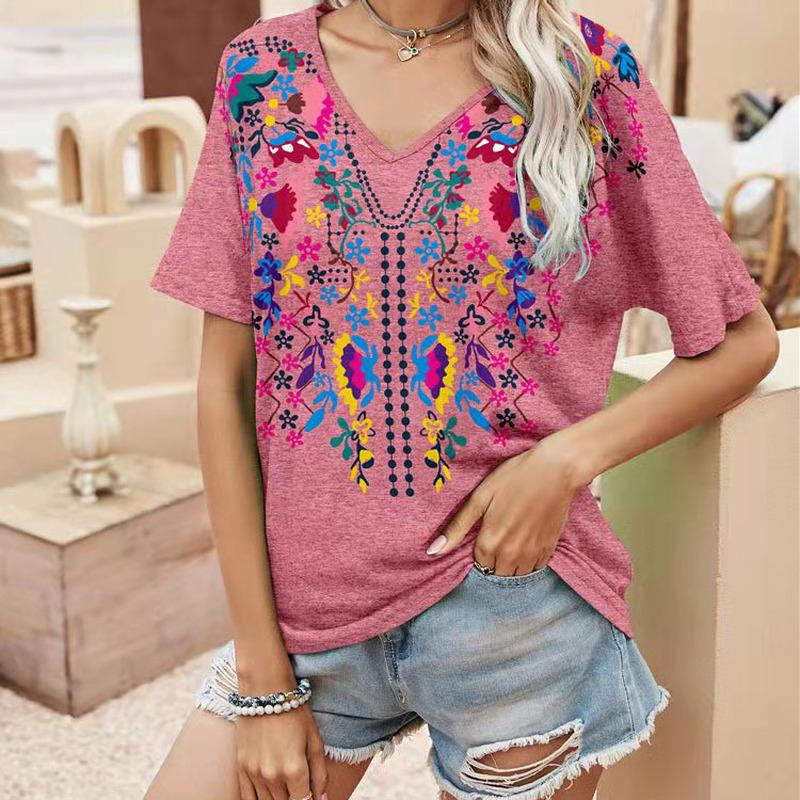 Women Holiday Boho V-neck Blouse Shirts Tops T-shirt Plus Size Ladies Summer Tee