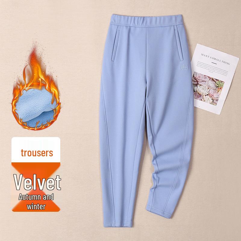 Blue Women's High-Waisted Fleece-Lined Sweatpants with Drawstring Ankle Cuffs, Petite Nine-Point Length, 2025 Edition.