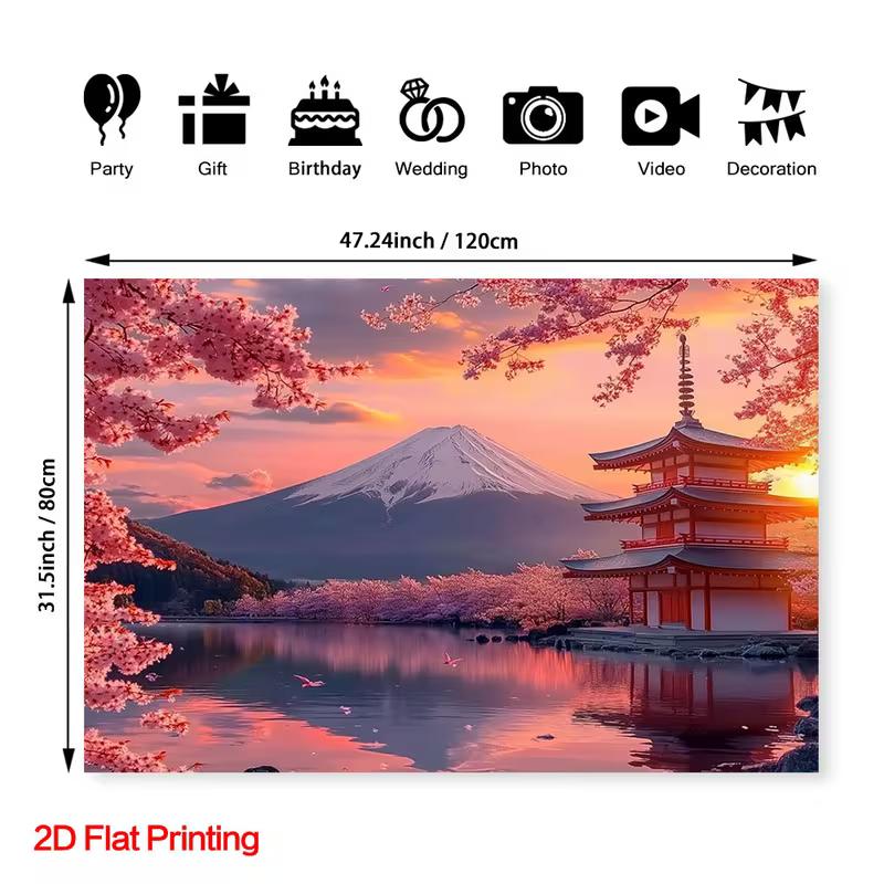 2D Mount Fuji Cherry Blossom Sunset Backdrop Japanese Temple Decor