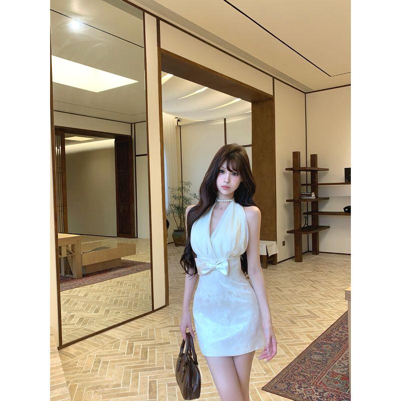 Kumikumi High Sense Bow Halter Top One piece Dress Women clothing Summer Temperament Slimming Sheath Skirt Short dress