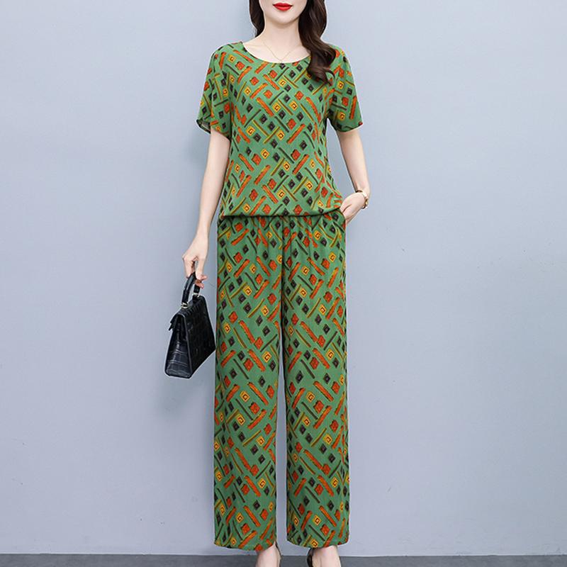 Plus Size Sommer-Vintage-Druck-Hosen-Sets mit weitem Bein, lässig, elegant, lockere Sets für Damen, 2-teilig