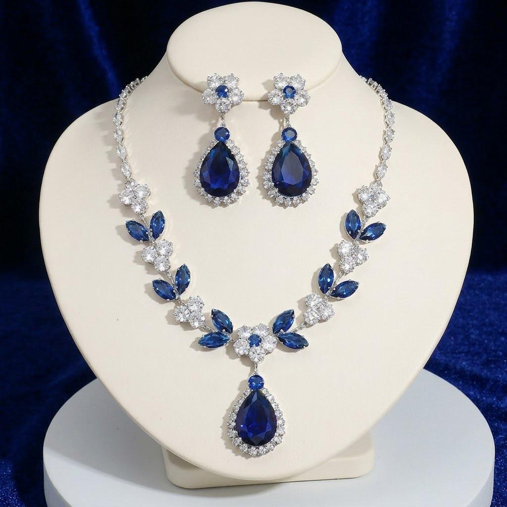 European Style Blue Zircon Water Drop Necklace & Earrings Set