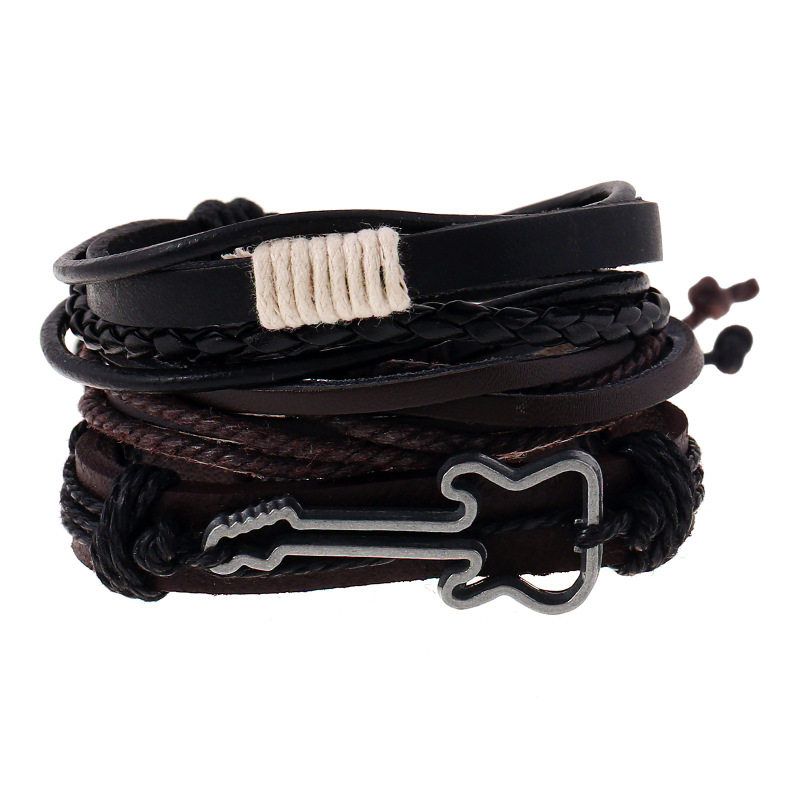 

Fashion Style Minimalist Vintage Weave Cattle Leather Bracelet Alloy Guitar Leather Bracelet Multi-Layer Suit Default