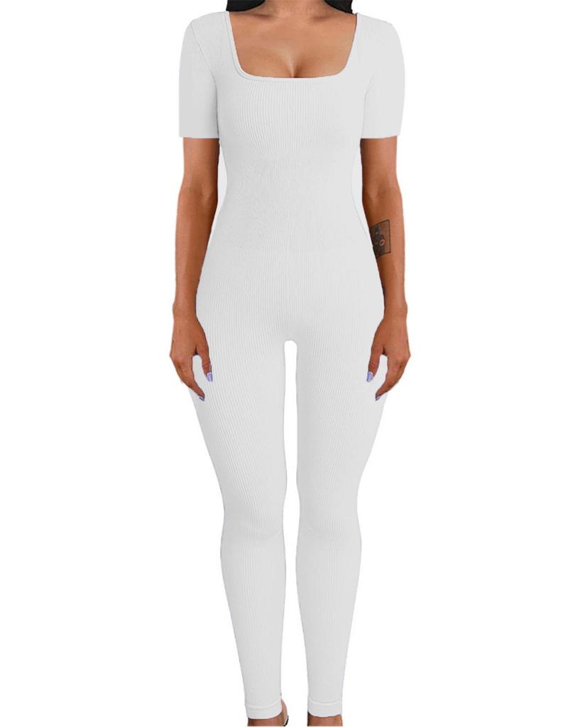 Women's Ribbed Square Neck Yoga Jumpsuit with Hip Lifting Slim Fit, Long/Short Sleeve