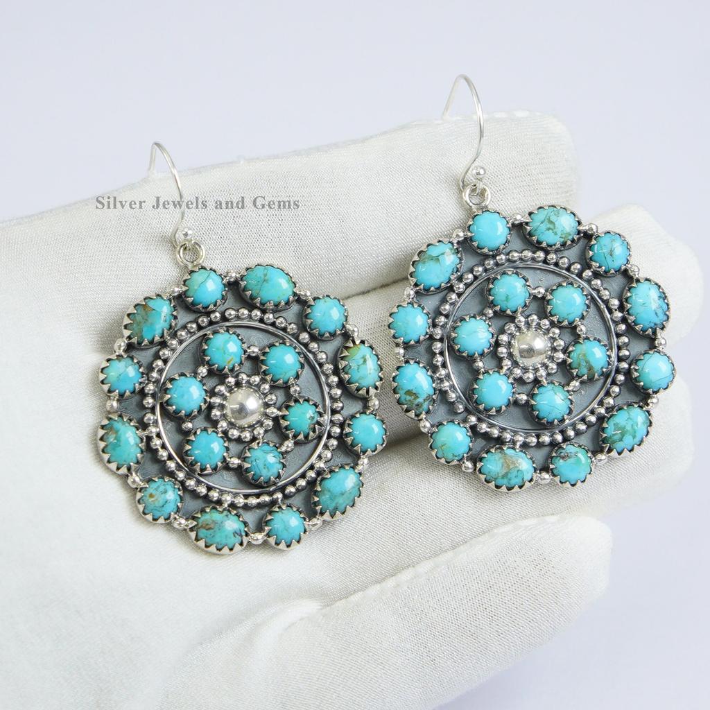 Arizona Turquoise Earrings: Sterling Silver Round Cluster, Handmade Earring