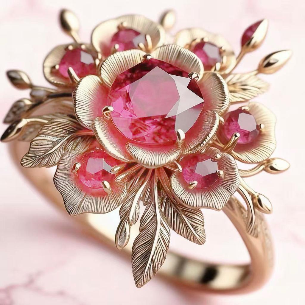 Exaggerated Gold Pink Diamond Flower Ring - 2026 Collection