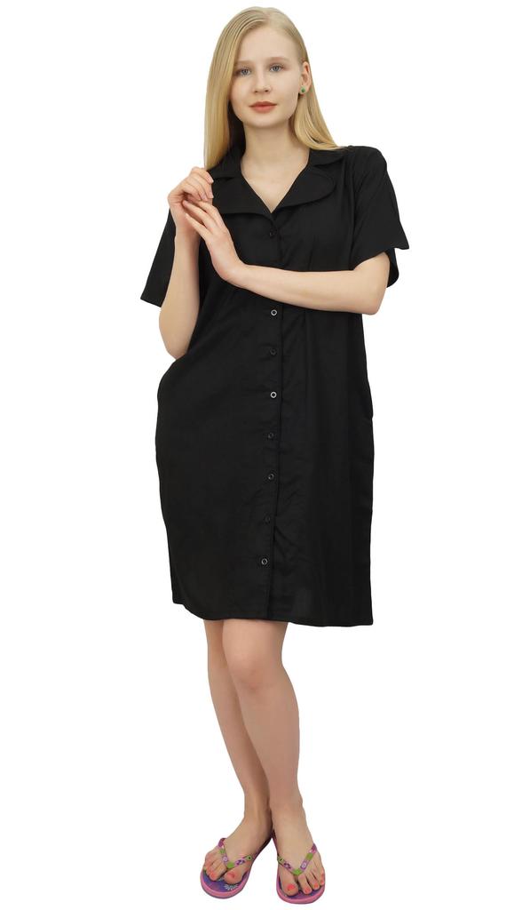 Bimba Women's Nightwear Beige Shirt Short Sleeve Dress With Pockets