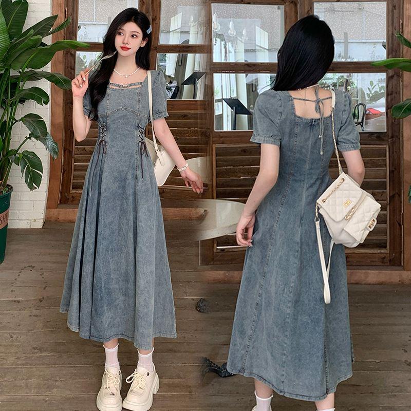 Plus Size Denim Puff Sleeve Square Neck Summer Dress for Women