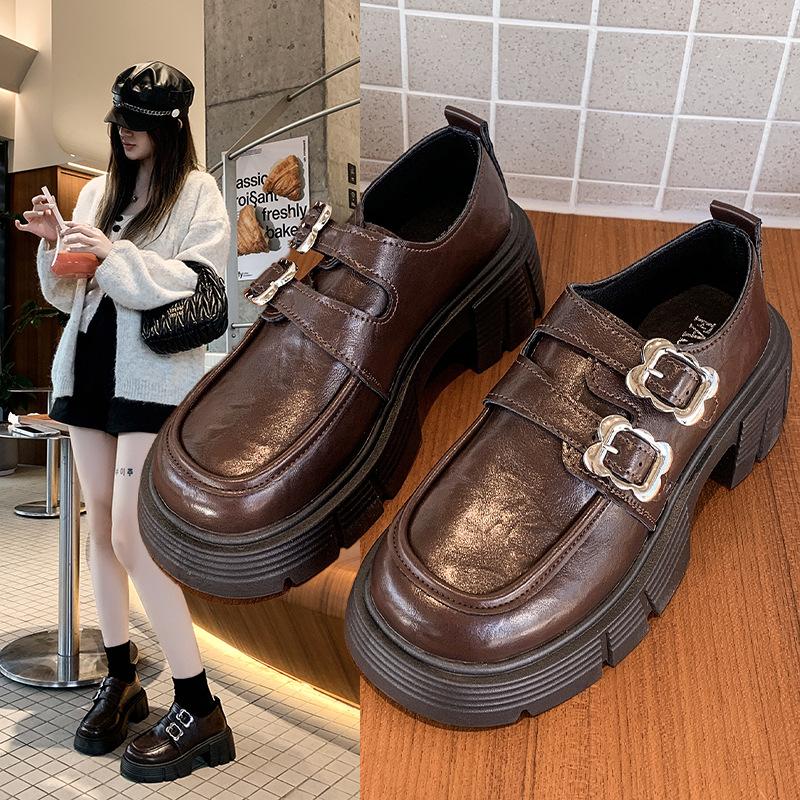 British Style Small Leather Shoes Women's Belt Buckle Velcro Women's Spring and Autumn New Retro Children's Platform