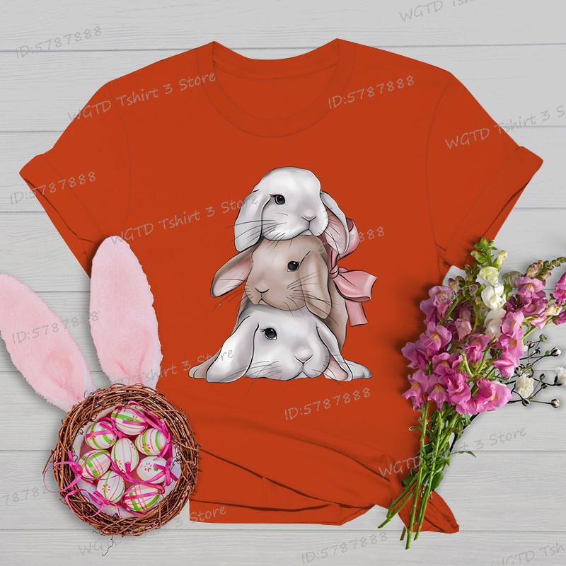 Easter Rabbit Shirts and Blouses Women Gift for Christian Crew Neck Short Sleeve Tshirt Cute Animal Bunny Easter Cartoon Tshirt