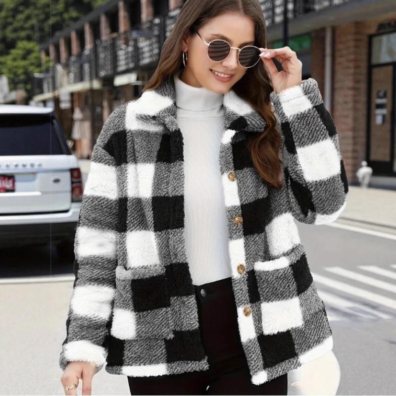 GMXIA Women's Vintage Casual Plaid Print Autumn Winter Long Sleeve POLO Neck Jackets & Coats