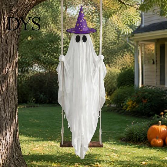 Ghost Decor with Hat Halloween Swing 2 Hats, Ornament LED Creepy String Light, Remote Control Glowing Hanging for Tree Porch Garden Swinging Pendant