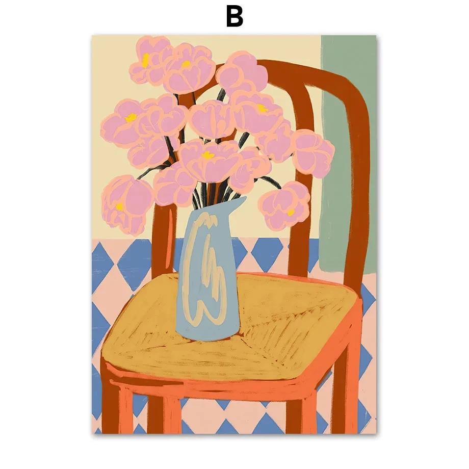 Abstract Peace Lily Calm Woman Portrait Vase On Chair Boho  Canvas PaintingPoster Wall Art Print Pictures For Living Room Decor