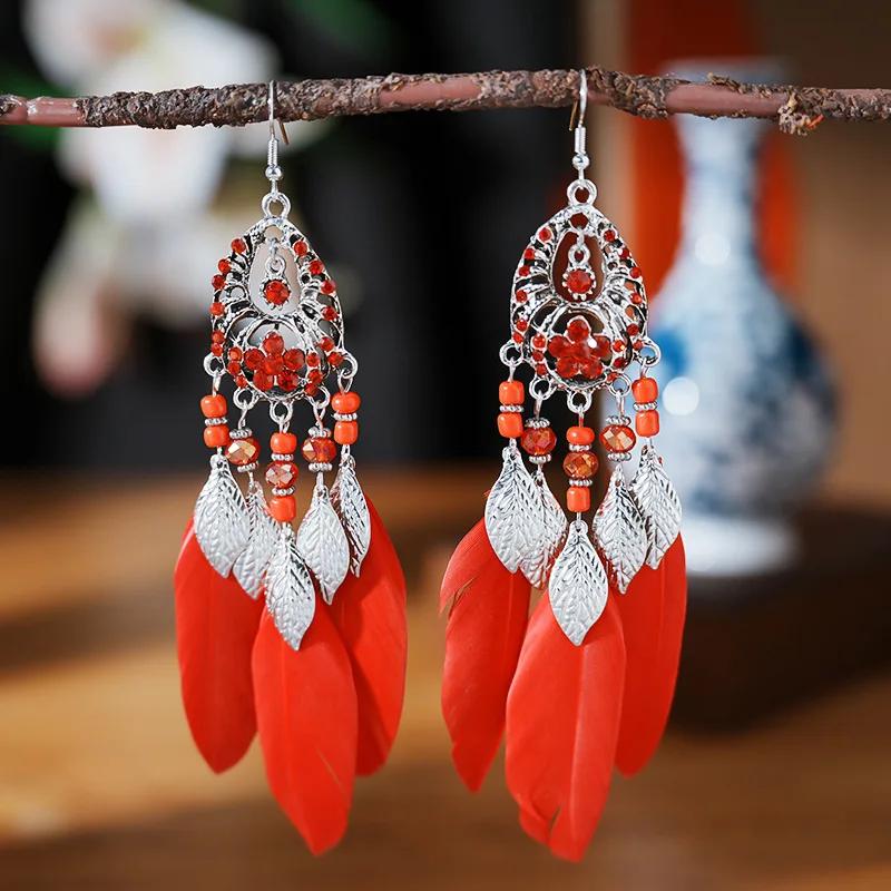 Bohemain Feather Long Earrings For Women Vintage Geometric Handmade Crystal Beads Wedding Drop Dangle Boho Girls Ear Jewelry