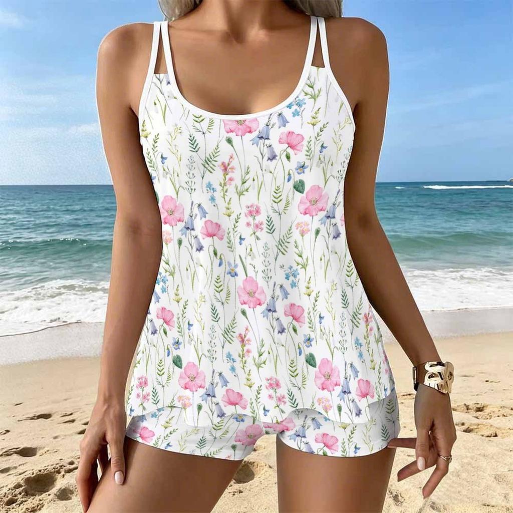Women's Swimwear Tankini 2 Piece Swimsuit  Scattered Small Floral Fragments Pattern Vacation Bathing Suits