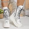 Gothic Plateausandaletten Stiefel Damen Herbst Winter Spinnennetz Design Größe 35-43 Klobiger Absatz Stiefeletten für Damen Leder Schwarz