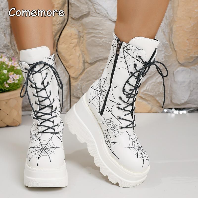 Gothic Plateausandaletten Stiefel Damen Herbst Winter Spinnennetz Design Größe 35-43 Klobiger Absatz Stiefeletten für Damen Leder Schwarz