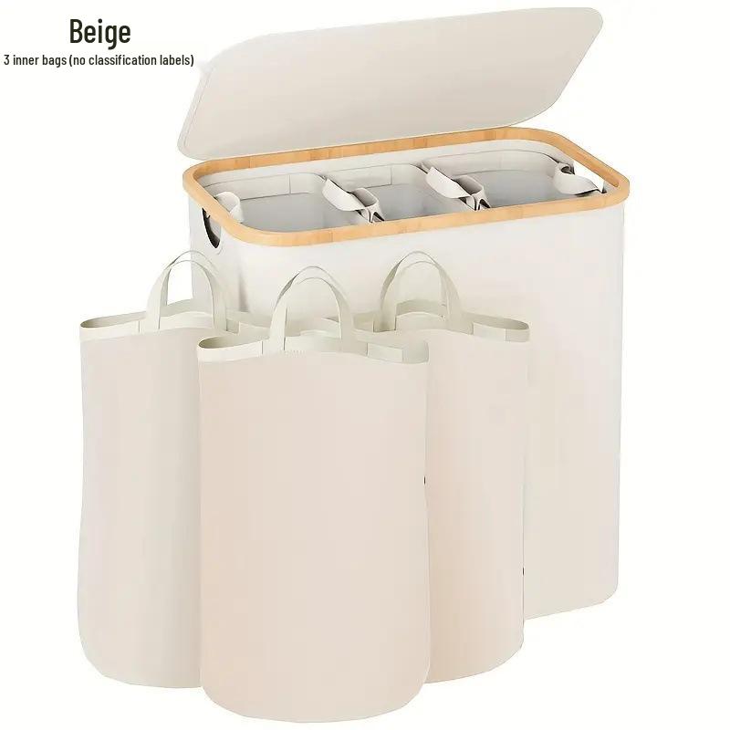 Foldable Bamboo Laundry Hamper with Lid and Inner Bag for Bedroom Storage.