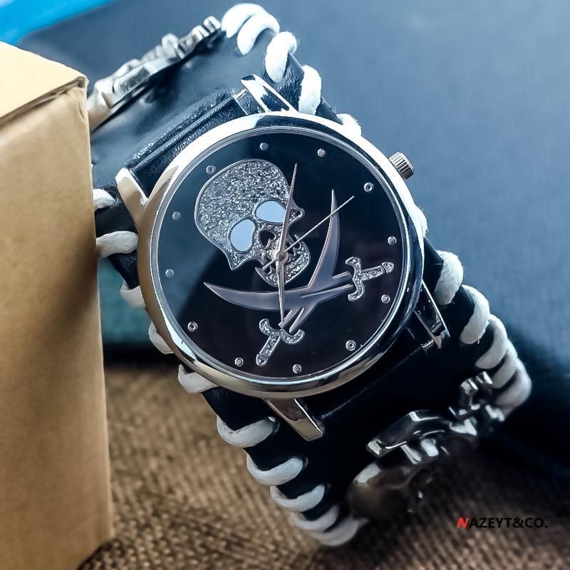 

Мужские панк-часы с кожаным ремешком и черепом, кварцевые, с откидной крышкой