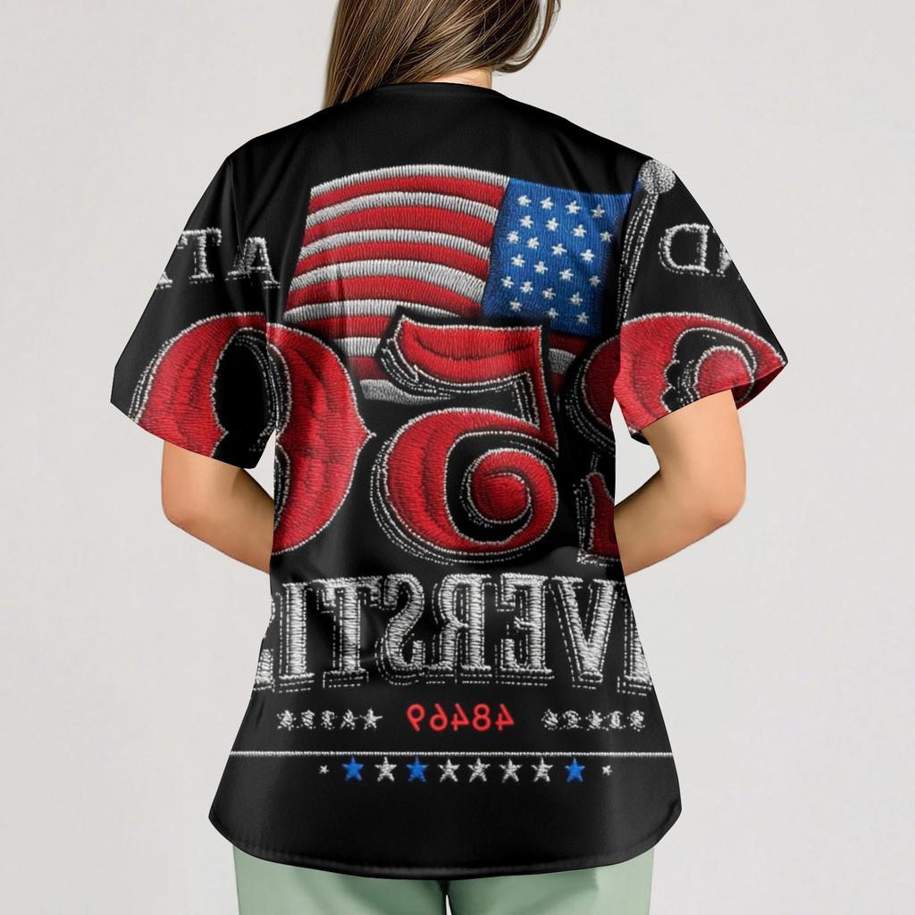 Women's Independence Day Printed Loose V-Neck Pocket Short-Sleeve Caregiver/Uniform