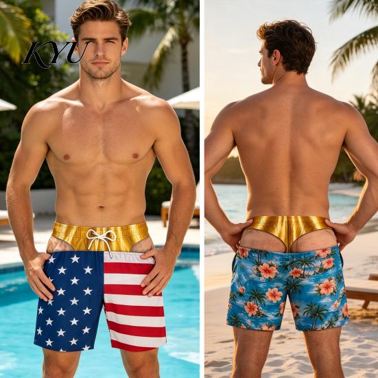 Summer Party Tricky Swimwear Hairy Big Booty Shorts, USA Flag Print Men Swim Trunks, Golden Funny 3D Visual Effect Shorts Briefs Design, Beach