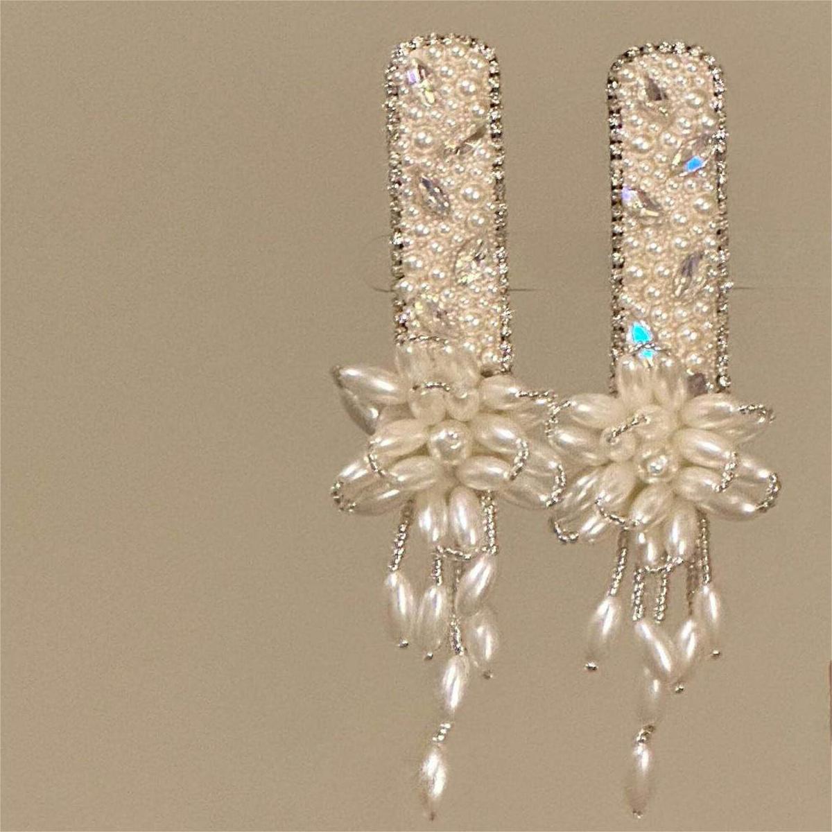 Rhinestone Pearl Flower Side Tassel Hair Clip - Trendy, Versatile BB Accessory for Women