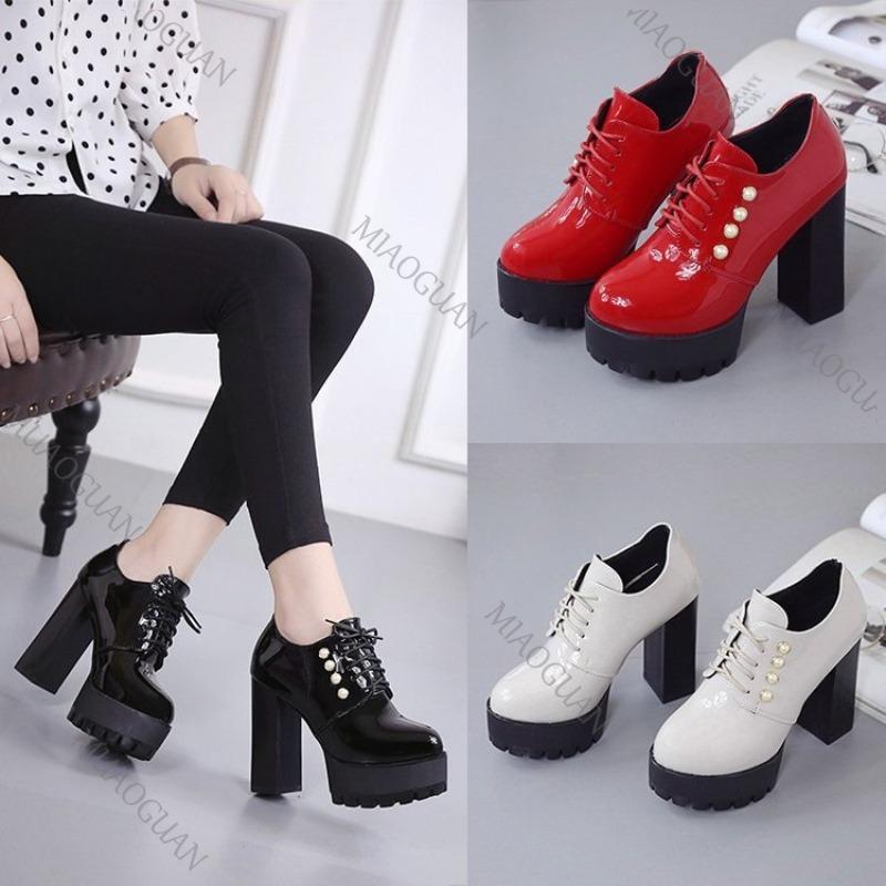 Fashion Spring and Autumn New High-heeled Single Shoes Fashion Solid Lace Up Patent Leather Pumps for Women Chunky Heeled Ladies Shoes