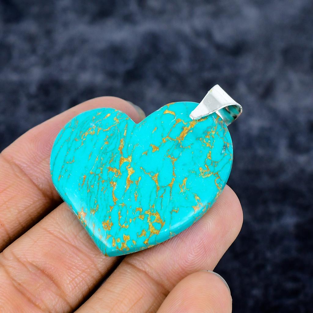 Copper Blue Turquoise Gemstone 925 Sterling Silver Jewelry Pendant 1.77" M-3351