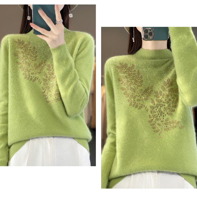 Pull semi-col roulé pour femme automne/hiver, pull ample en strass, haut en tricot doux