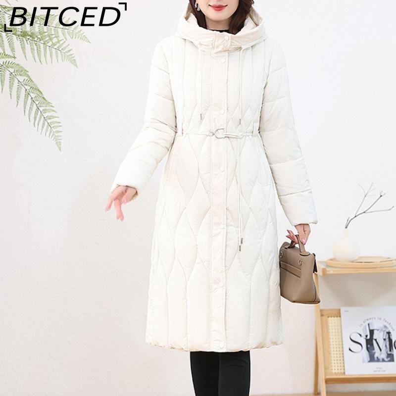 BITCED Women's Long-Length Winter Coat with Hood and Drawstring Waistband Fitted and Flattering Silhouette for a Slimming Effect
