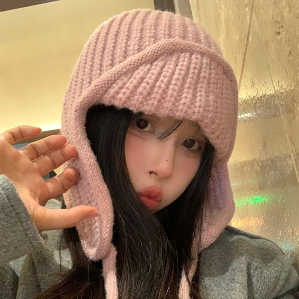 Ear Protection Knitted Flying Cap Korean Style Woolen Crochet Cap Knitted Woolen Hat  Autumn