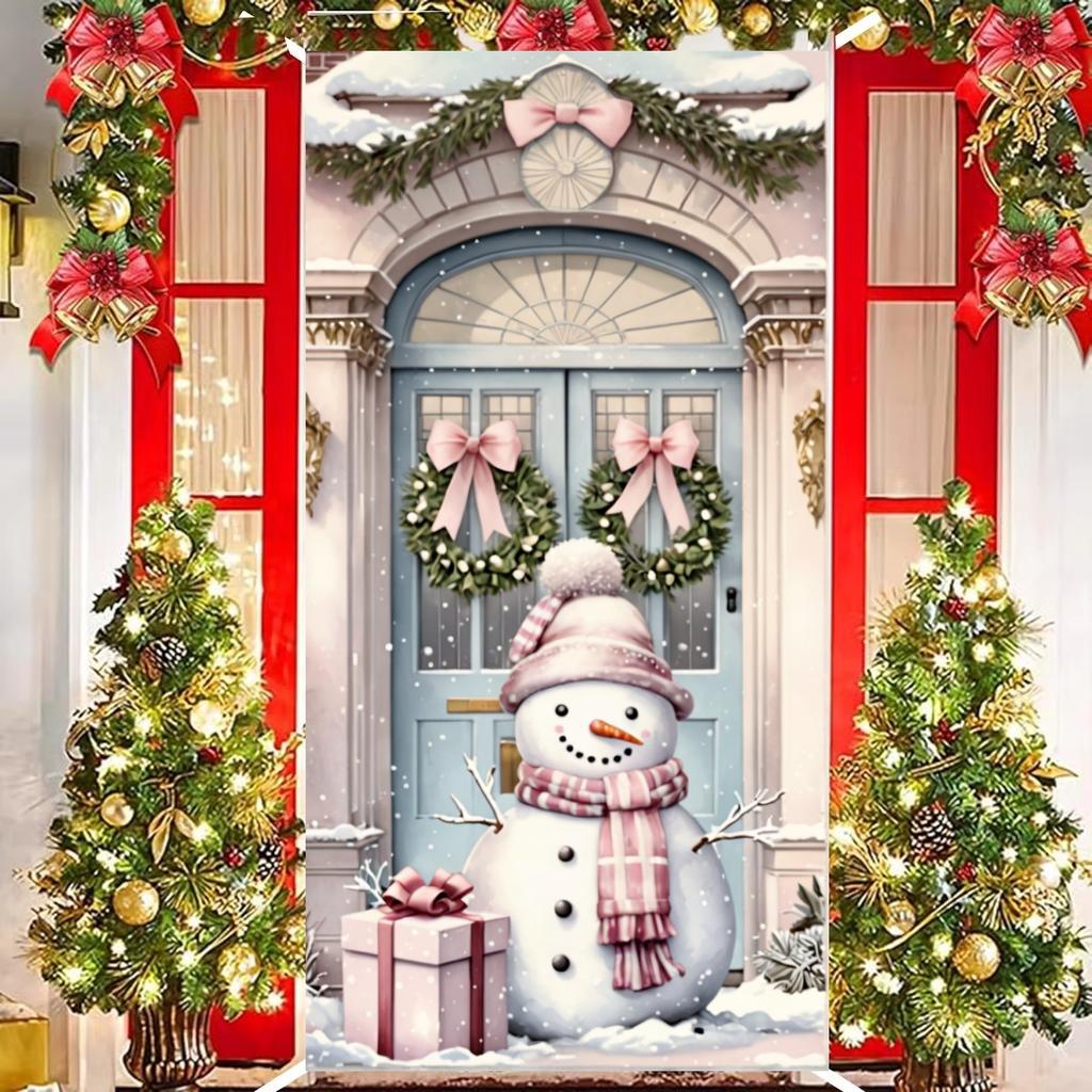 Pink Snowman Linings For Christmas Doors Xmas Door Cover Outdoor Garden Front Door Decoration New Year 2025 Xmas Party Supplies