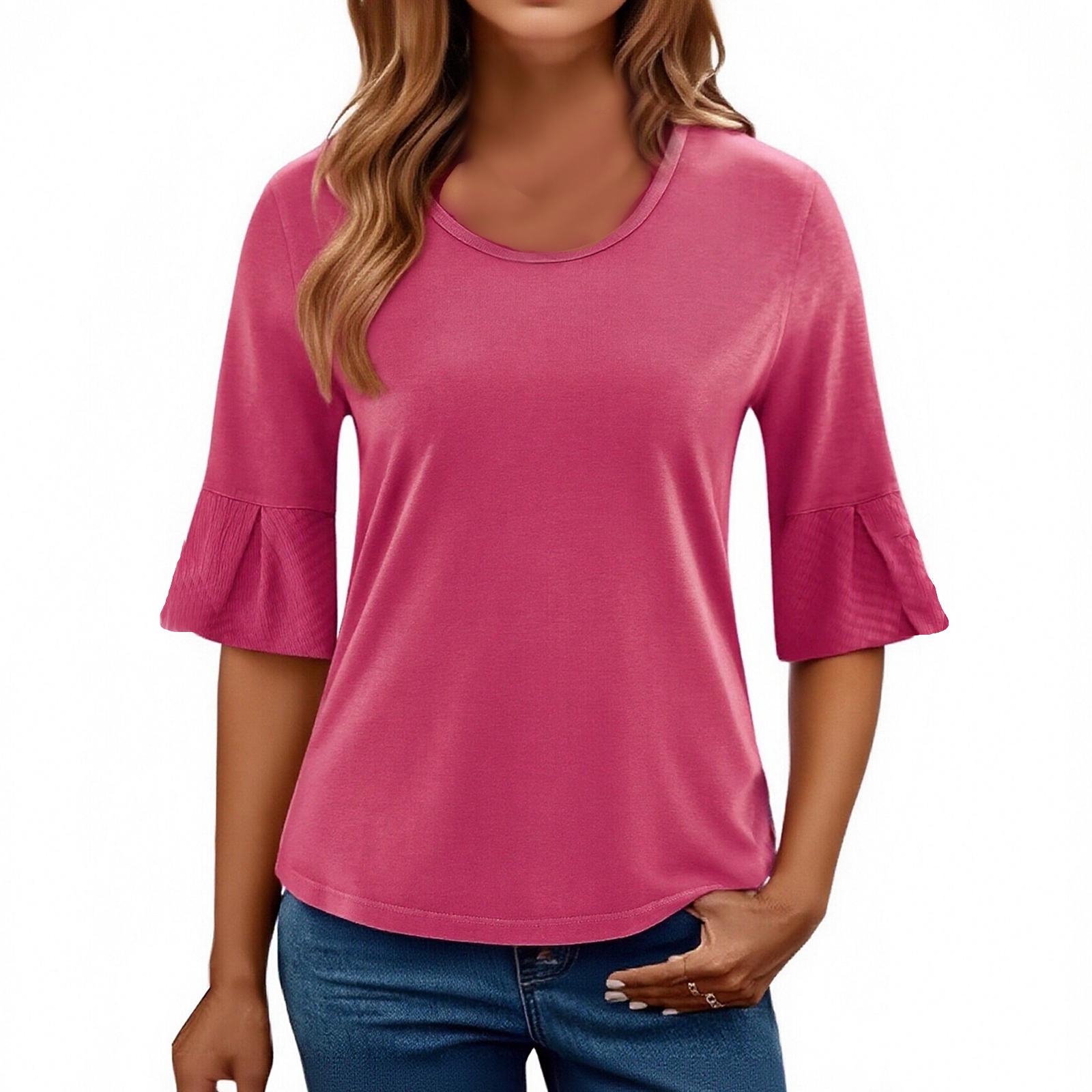 

Women s color, fashionable, slim,fit, mid,sleeve top for spring and summer M рожевий