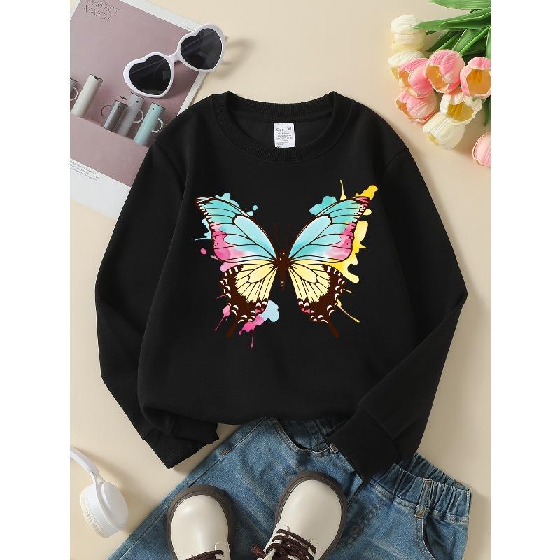 European Sizes Girls' Soft Crewneck Sweatshirt, Colorful Watercolor Butterfly Print with Cute Design, Casual All-Match, Ideal Holiday Present