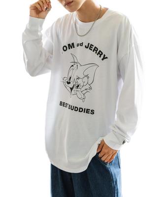 [VERBESSERT] Lässiges [TOM & JERRY] Maßgeschneidertes Kumpel Vintage-Look Langarm-T-Shirt, Herren, Weiß