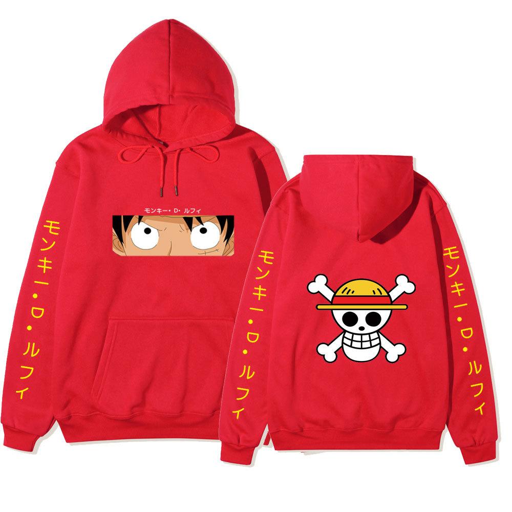 Unisex One Piece Monkey D Luffy Double‑Sided Print Fleece Hoodie, Both‑Sleeves Japanese Text Anime Pullover Hooded Sweatshirt Streetwear