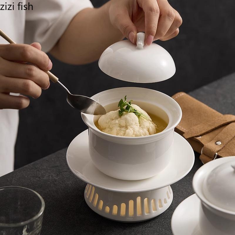 Pure White Ceramic Bowl with Heating Stove Set Creative Dessert Bowl Soup Bowl Steamed Egg Bowls Restaurant Molecular Tableware
