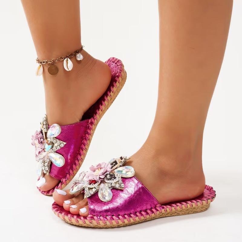 Rhinestone flower one-word women's new fashion flat-bottom drag gentle temperament slippers