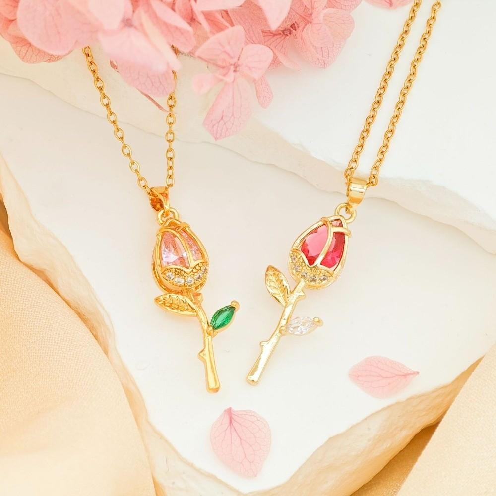 Minimalist Tulip Flower Pendant Necklace Elegant Stainless Steel Choker Zircon Pendant  Party
