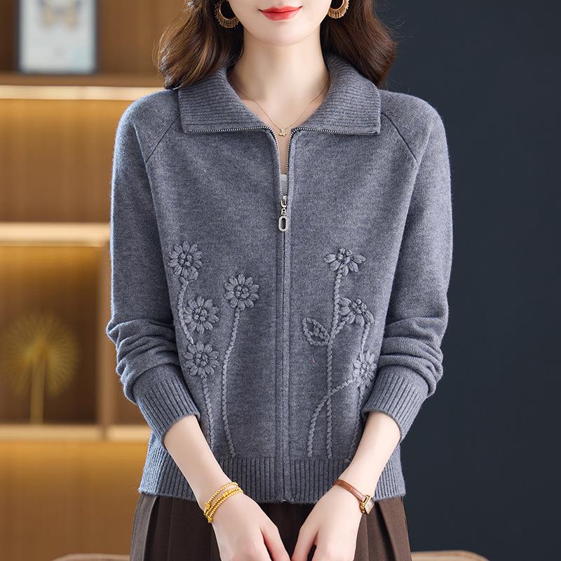 Women's Short Cardigan Sweater - 2025 Spring/Autumn Fashion, Loose Knitted Zipper Jacket for Moms