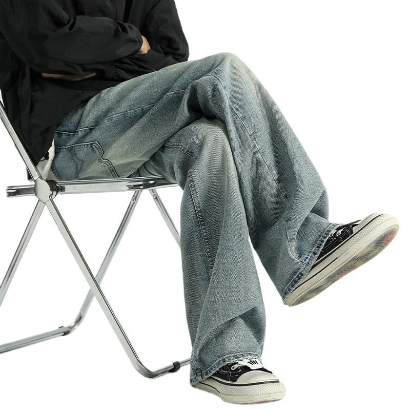 New Autumn Style Grinding White Wash Used Light Flared Jeans for Men Loose Wide-leg Casual Trousers