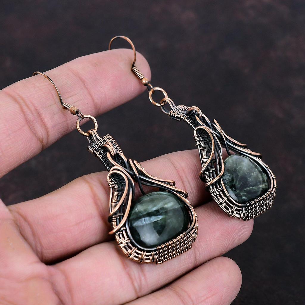 Seraphinite Gemstone Earring Copper Wire Wrapped Earring Handmade Earring Copper Jewelry Dangle Earring Gift For Mother Wire Wrapped Jewelry
