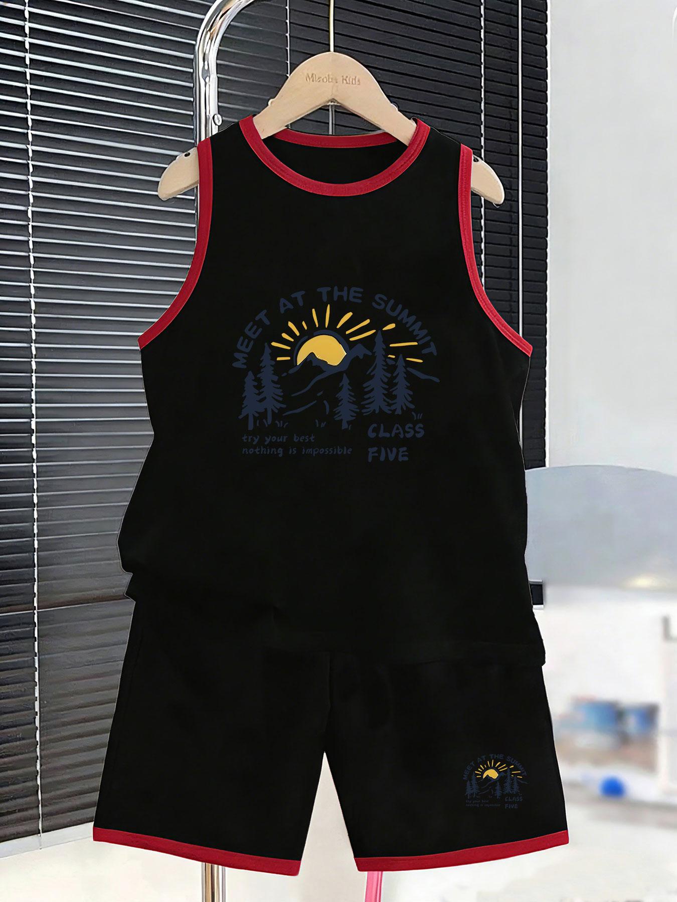 

Boys mountain sunrise outdoor vest shorts with motivational print. Nature inspiring design, soft fabric for hiking and daily casual wear. 7Y чорний