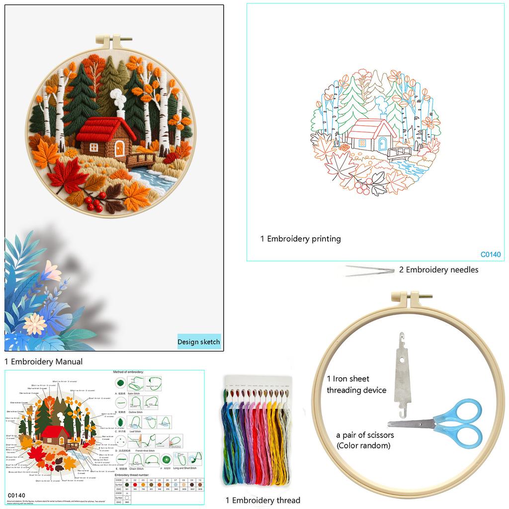 Autumn DIY Stitches Kit with Embroidery Hoop Embroidery Stitches Practice Kit Needlepoint Kit for Beginners Craft Lovers Gift