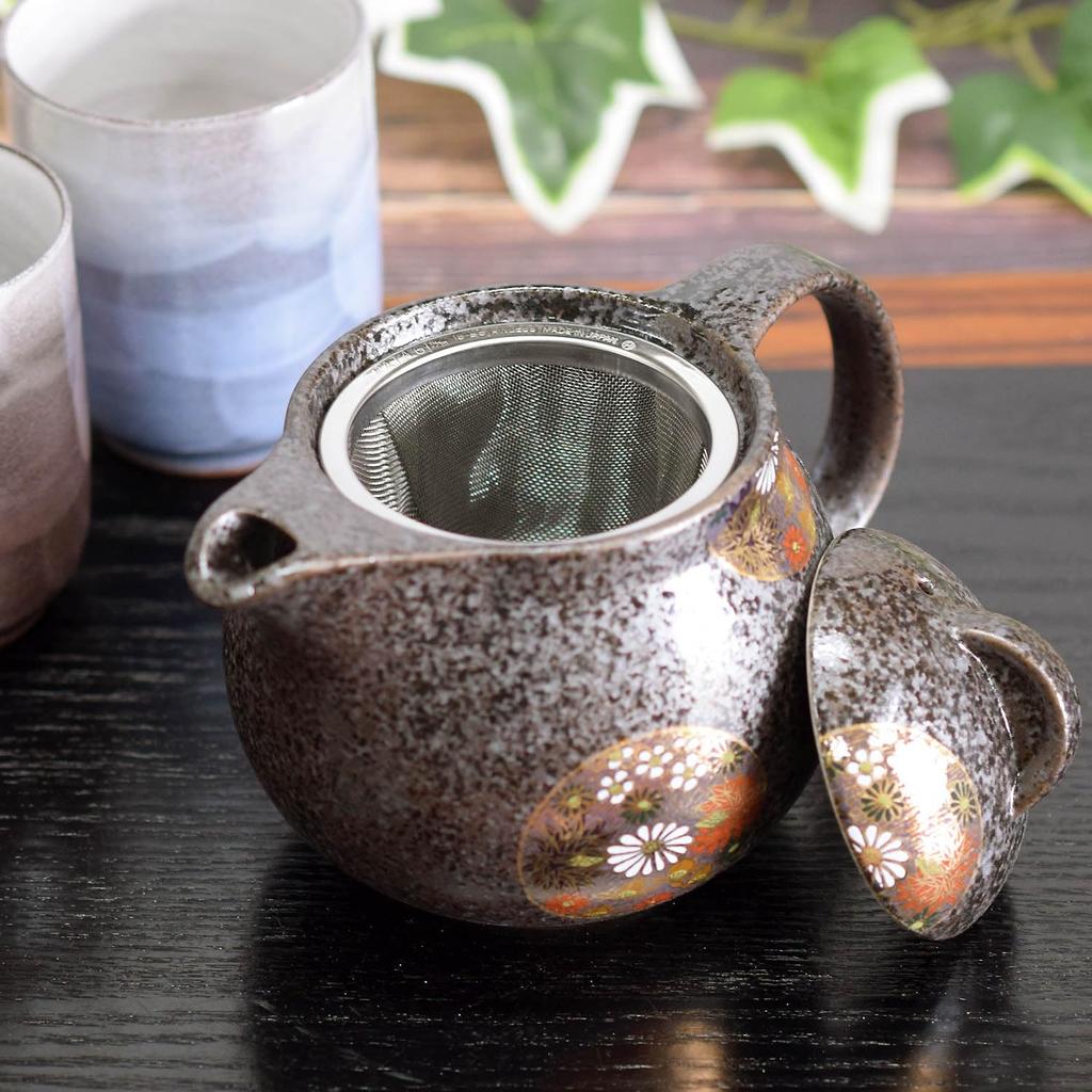 Waza No Kura Stylish Japanese Tableware Kutani Ware Teapot with Round Pattern Gold Flower Design and Tea Strainer Ceramic Brand Made In Japan Birthday