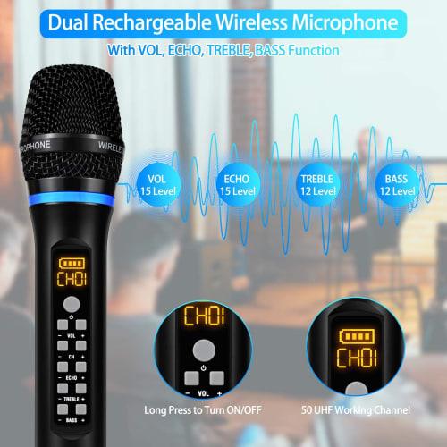 Kithouse UHF Wireless Microphone System, Metal Cordless Dual Microphone Set with Receiver Box and Volume Control, for Home Karaoke, Meetings, Parties,