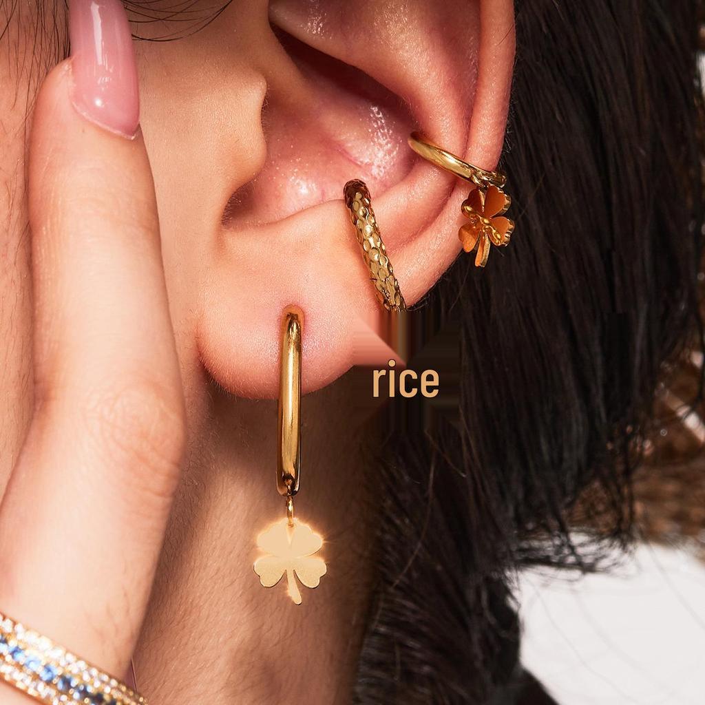 Qiong Yao 5A Zircon Four-Leaf Clover Pendant & Flower Ear Studs Hoops, PVD Gold-Plated Titanium Steel Jewelry.