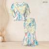 Women Plus Size Camo Printed O Neck Batwing Sleeve Ruffle Hem Top Fishtail Skirt Two Piece Set